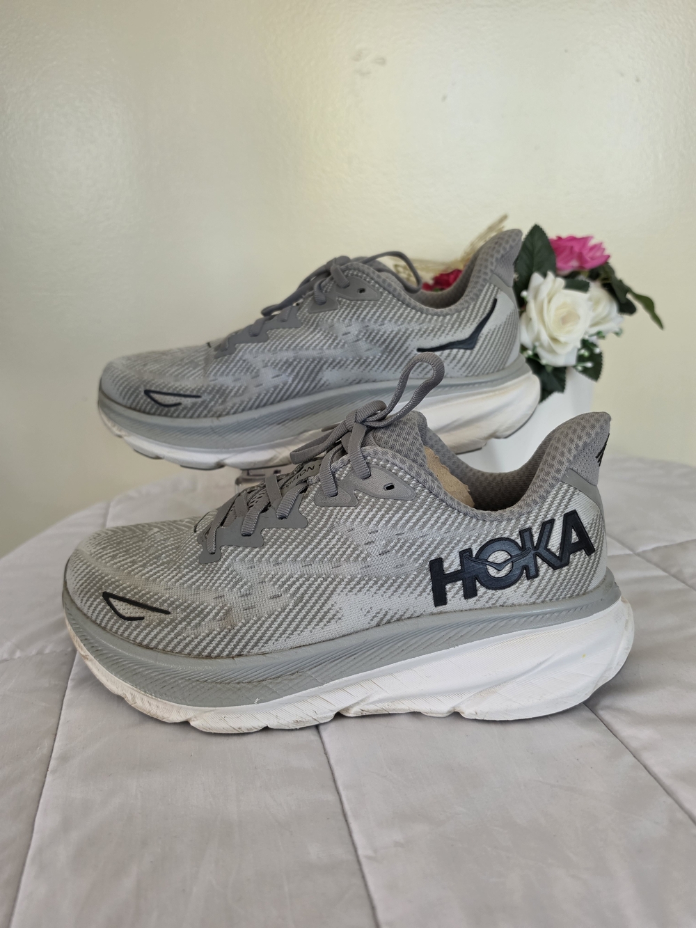 Hoka Clifton 9 Gray and White Men's Running Sneakers - Picture 3 of 7